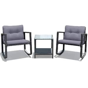 3-Piece Rattan Rocking Chair Table Set Patio Furniture Set with Grey Cushions