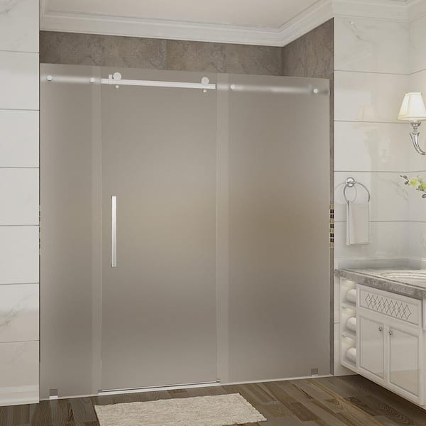Aston Moselle 72 in. x 35 in. x 77.5 in. Frameless Sliding Shower Door, Frosted Glass in Stainless Steel with Left Base