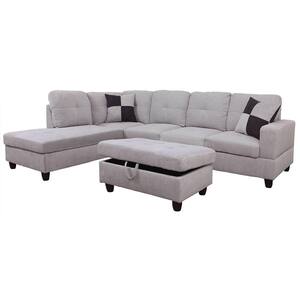 3-Piece Gray Microfiber 4-Seater L-Shaped Left-Facing Chaise Sectional Sofa with Ottoman