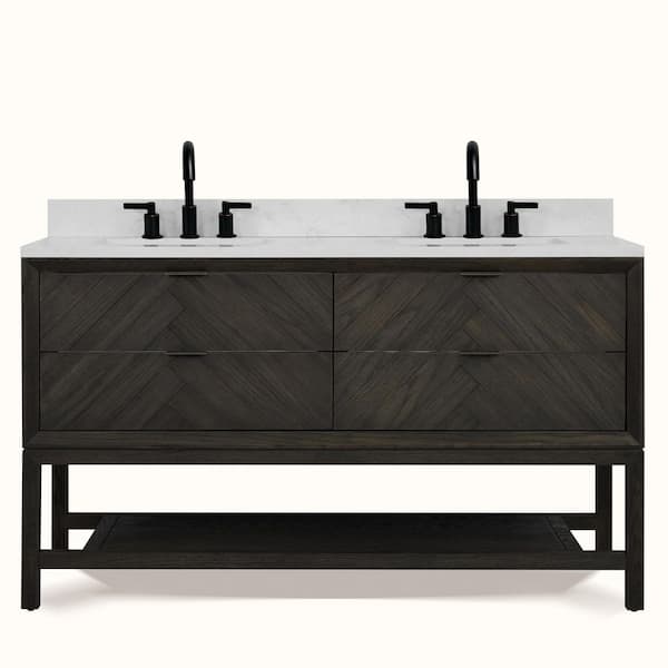WH2760-BO-KD 60 in. Double Sink Vanity Brown Oak Finish Bath Vanity with White 1 in. Engineered Marble Top