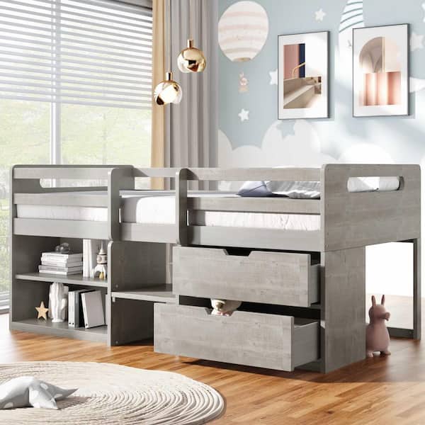 Polibi Twin size Loft Bed with Two Shelves and Two drawers