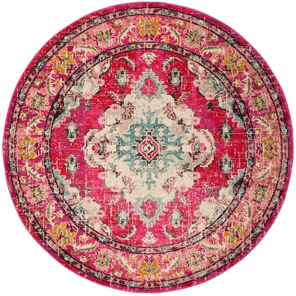 SAFAVIEH Monaco Pink/Multi 4 ft. x 4 ft. Distressed Border Medallion Round Area Rug