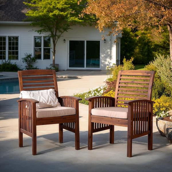 Walker Edison Furniture Company Boardwalk Dark Brown Acacia Outdoor Dining Chairs with Beige Cushions (Set of 2)