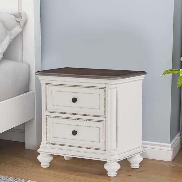 Benjara White and Brown 2-Drawer 27 in. Wooden Nightstand