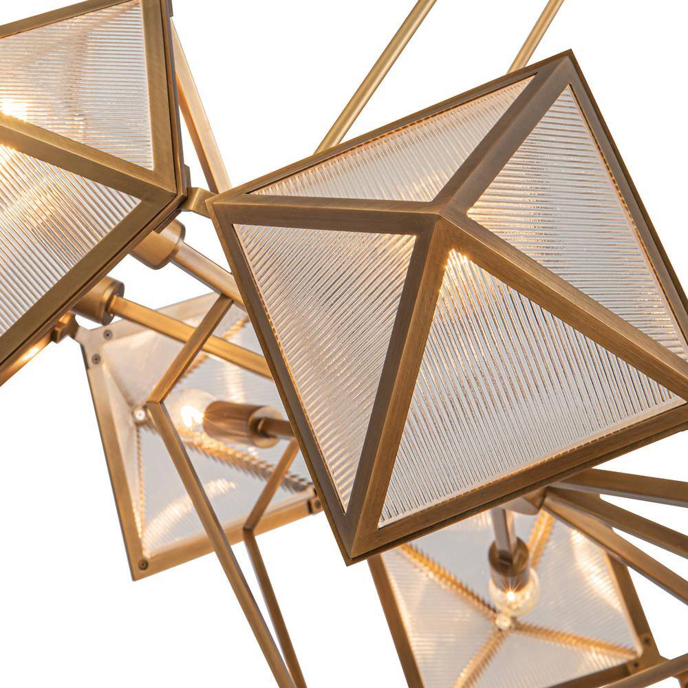 Vintage Brass Geometric 8-Light Chandelier with Ribbed Glass