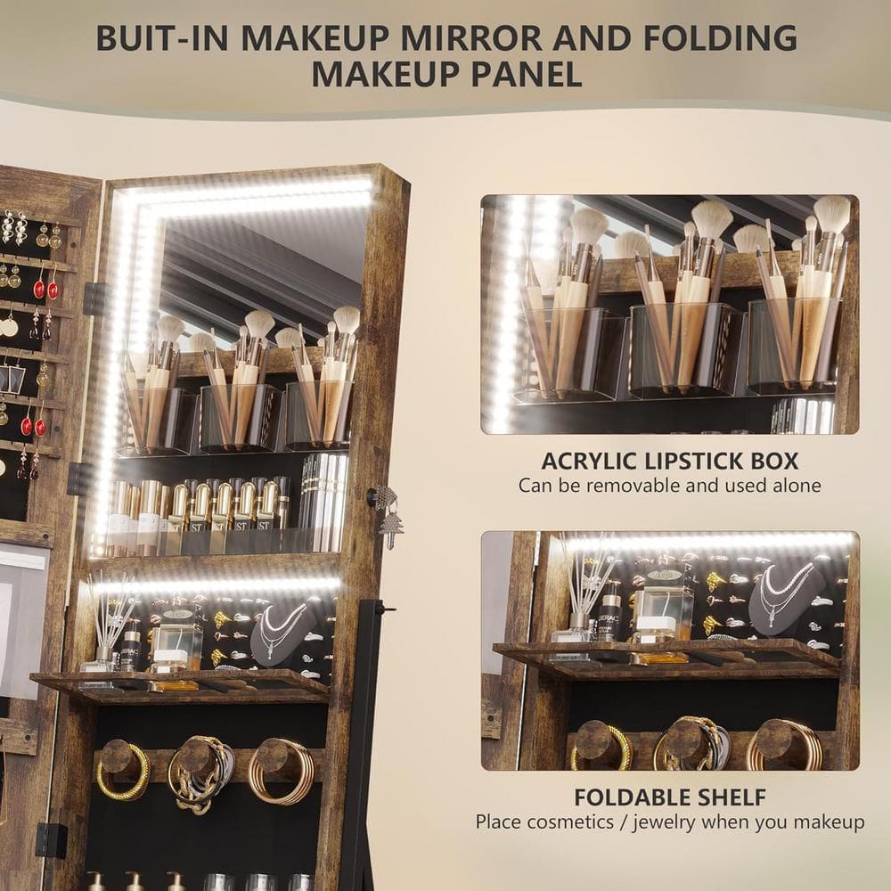 Rustic Brown Light Wood Full-Length Mirror Jewelry Cabinet Armoire