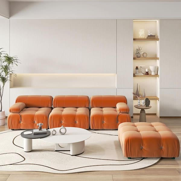 Chameleon 104 in. Square Arm Oversized 4-Piece Modern Velvet Modular Combination Sectional Sofa with Ottoman in Orange