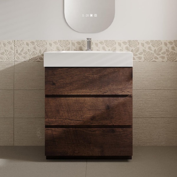 Aaby 30 in. W x 18 in. D x 37 in. H Bath Vanity Cabinet in Brown with White Stone Resin Top and Sink
