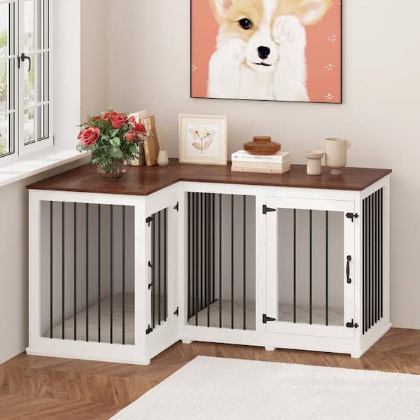 FUFU&GAGA Large Dog Crate Furniture for 2-Dogs, Wooden Dog Kennel Corner Dog Cage with Removable Irons Perfect for Limited Room