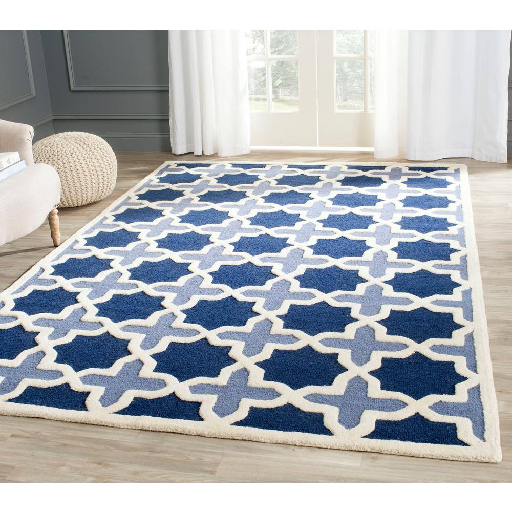 Ivory and Blue Geometric Hand-Tufted Wool Area Rug