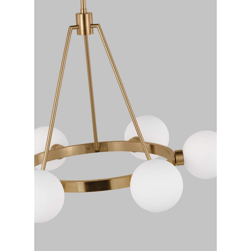 Satin Brass and Frosted Glass 6-Light Wagon Wheel Chandelier