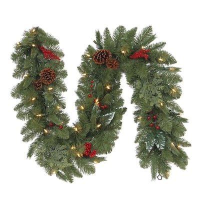 6 ft. Winslow Fir Battery-Operated Pre-Lit LED Artificial Christmas Garland w/ 130 Tips, 35 Warm White Lights and Timer