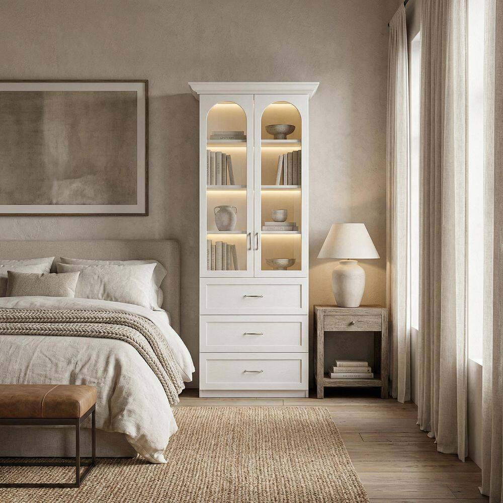 White 92.52 in. Accent Cabinet Office Storage Cabinet with 4 Shelves, LED Lighting, Glass Doors, 3 Drawer, Glass Shelves