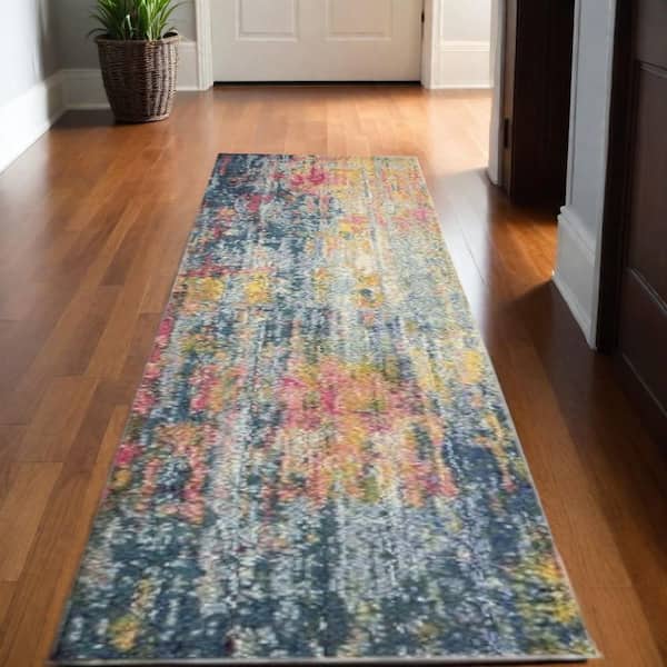 2 ft. x 14 ft. Blue Abstract Washable Area Rug