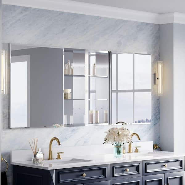 72 in. W x 30 in. H Rectangular Aluminum Tri-View Soft-Close Beveled Medicine Cabinet with Mirror/Open Shelf Combo