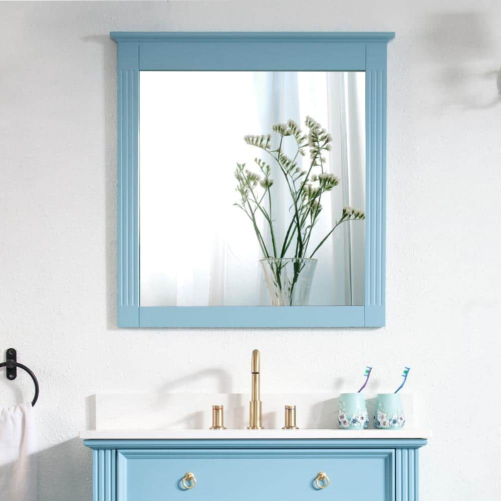 WELLFOR 32 in. W x 33 in. H Rectangular Wood Framed Wall Bathroom ...