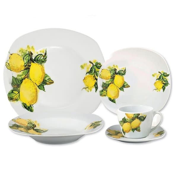 Lorren Home Trends Porcelain 20-Piece Lemon Design Square Dinnerware Set (Service for 4)