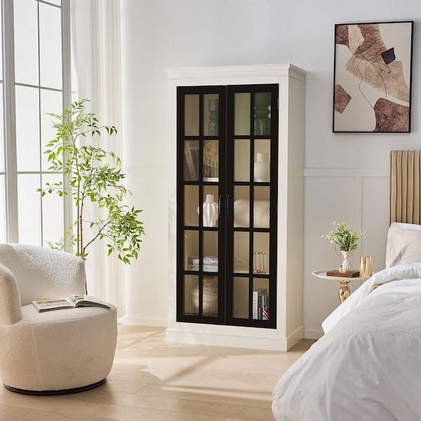 White & Black 71.2 in. Glass Doors Display Cabinet Curio Storage