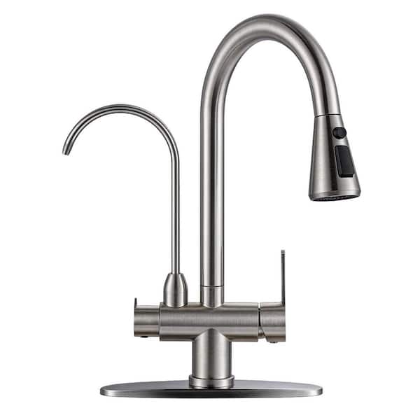 16.7 in. Stainless Steel 2 in 1 Pull Down Sprayer Kitchen Faucet with 360° Swivel Spout Filtered Water Faucet in Nickel