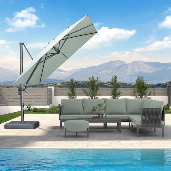 PURPLE LEAF 9 ft. Square Outdoor Patio Cantilever Umbrella Aluminum Offset 360° Rotation Umbrella with Base, Mint Green