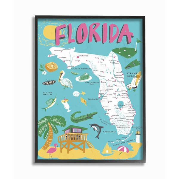 24 in. x 30 in. "Florida Teal Blue and Pink Illustrated Scenic Map Poster" by Vestiges Framed Wall Art