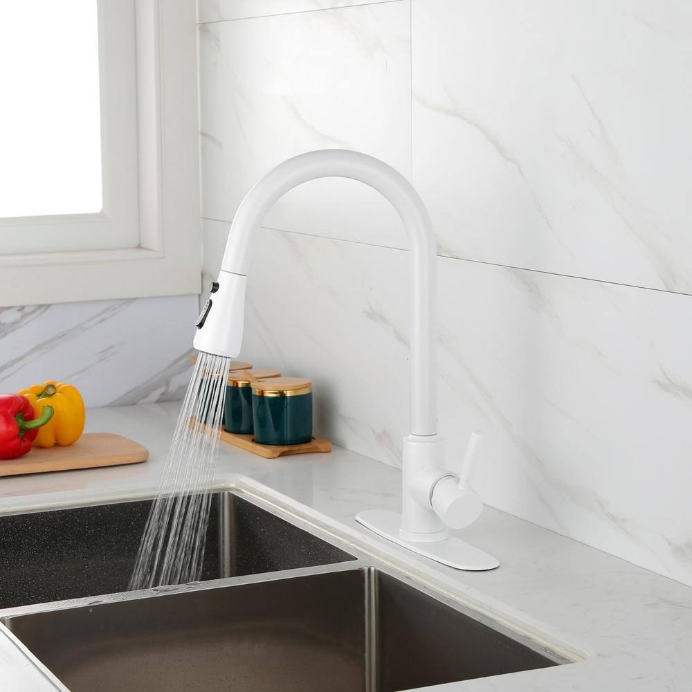 Matte White Stainless Steel Pull-Out Spray Kitchen Faucet