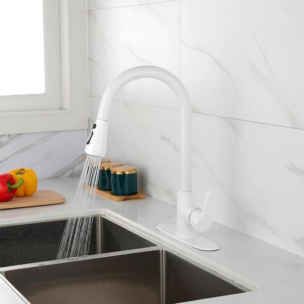 Single Handle Pull Out Sprayer Kitchen Faucet Deckplate Included in White