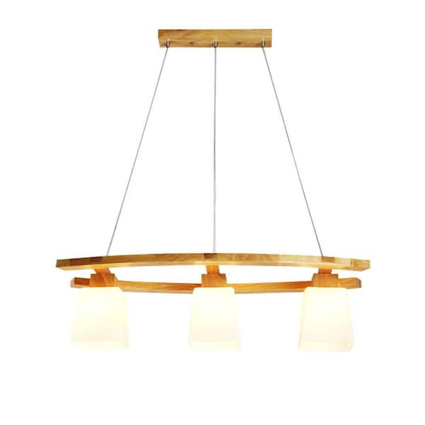 OUKANING 3-Light Vintage Farmhouse Wood Island Chandelier with Glass Shades