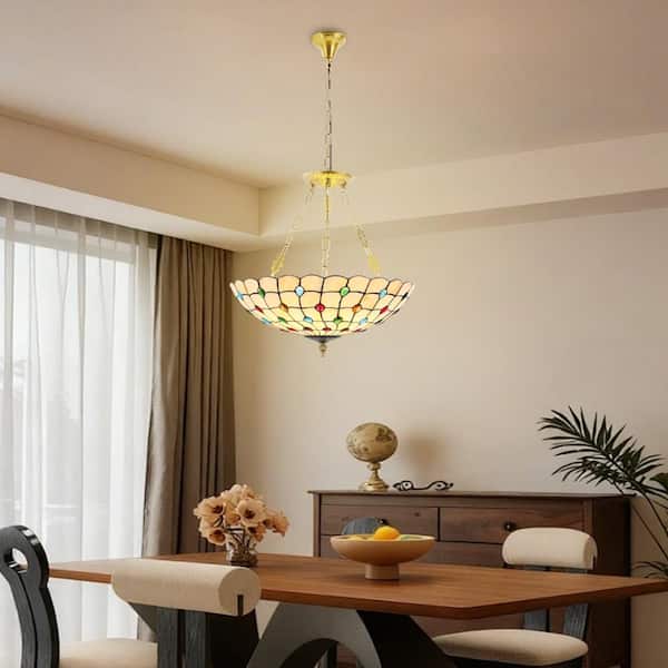 OUKANING 20.5 in. 5-Light Retro Stained Glass Shade Semi-Flush