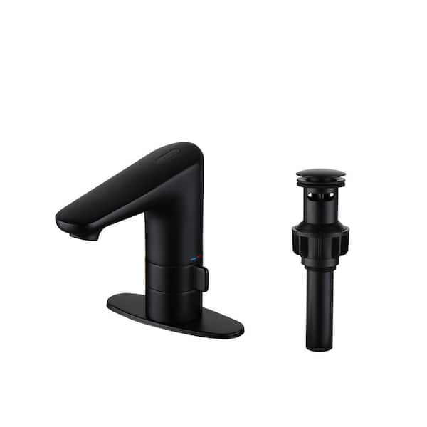 Mondawe Single Handle Touchless Bathroom Faucet with Deckplate, Pop-up Drain and Temperature Adjustment in Matte Black