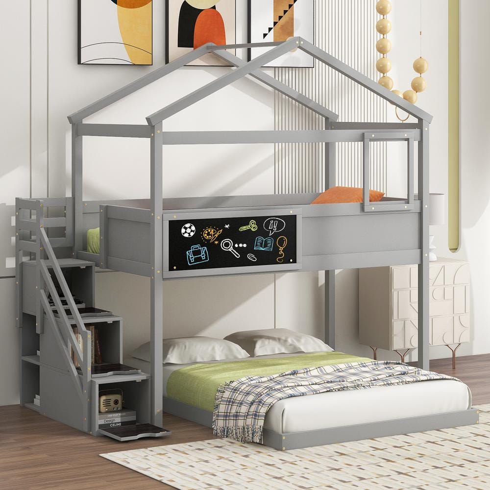 Qualler Gray Twin Over Full House Bunk Bed With Storage Staircase and ...