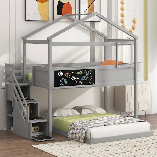 Qualler Gray Twin Over Full House Bunk Bed With Storage Staircase and Blackboard