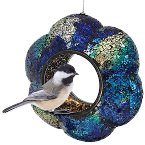 9 in. Indigo Round Unique Hanging Outdoor Decorative Glass Flower Fly-Through Bird Feeder