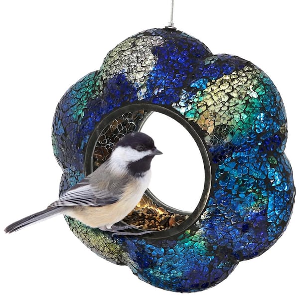 Sunnydaze 9 in. Indigo Round Unique Hanging Outdoor Decorative Glass Flower Fly-Through Bird Feeder