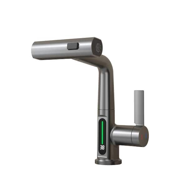 PERLIRIA INC Single Handle Lift LED Temperature Digital Display Bathroom Faucet, Single Hole Faucet with Pull Out Sprayer in Gray