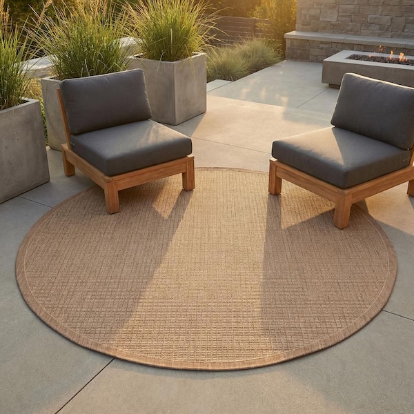 Recife Saddle Stitch Brown-Tan 8 ft. x 8 ft. Flatwoven Solid Round Indoor/Outdoor Area Rug