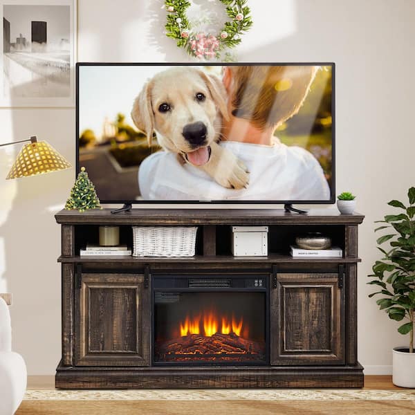 58 in. TV Stand with 23 in. Electric Fireplace Insert,Antique Brown, Fits TVs up to 65 in.,Ample Storage,Timer Settings