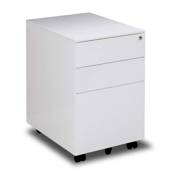 Tatahance 3-Drawer Mobile White Metal Lateral Filing Cabinet with Lock Steel
