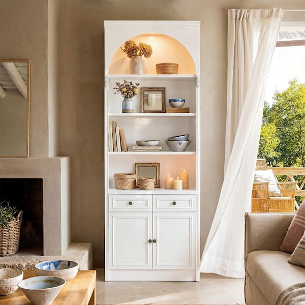 White 86.61 in. Accent Storage Cabinet with 4 Shelves, 2 Drawers, 2 Cabinets, Arched Top, and LED Lighting for Home Use