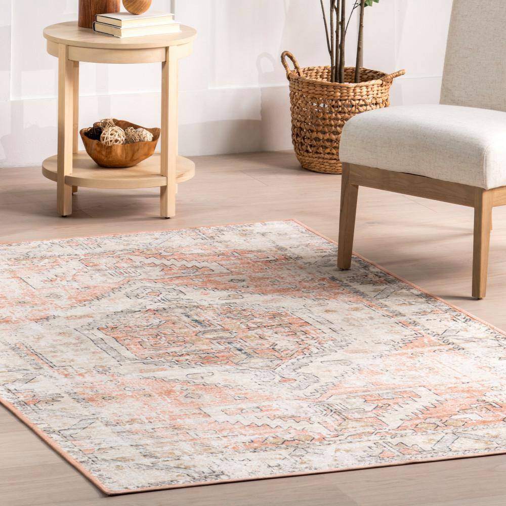 Nuloom Beige and Orange Transitional Medallion Machine Washable Area Rug