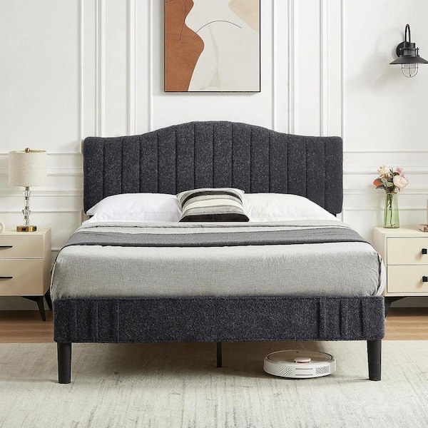VECELO Upholstered Bed Frame Black Metal Frame Queen Platform Bed with Adjustable Headboard Wood Slats and 7.9 in. Storage