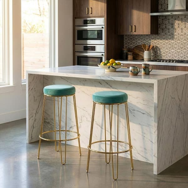 Set of 2 Angie Turquoise Velvet 29 in. Bar Stool with Golden Metal Frame