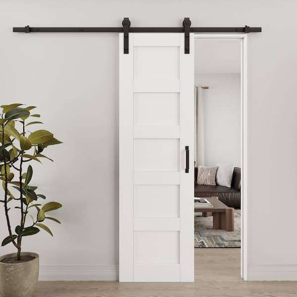 24 in. x 80 in. Waterproof 5 Panel White MDF Easy Install Assembly Required Sliding Barn Door Slab with Hardware Kit