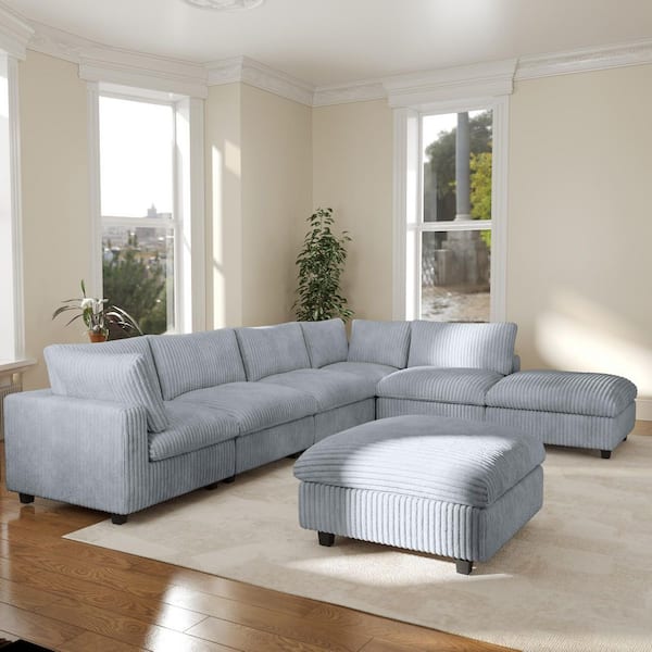 J&E Home 157.48 in. Square Arm 7-piece Rabbit Velvet Plush L-Shaped Living Room Sectional Sofa with Removable Cover in Gray