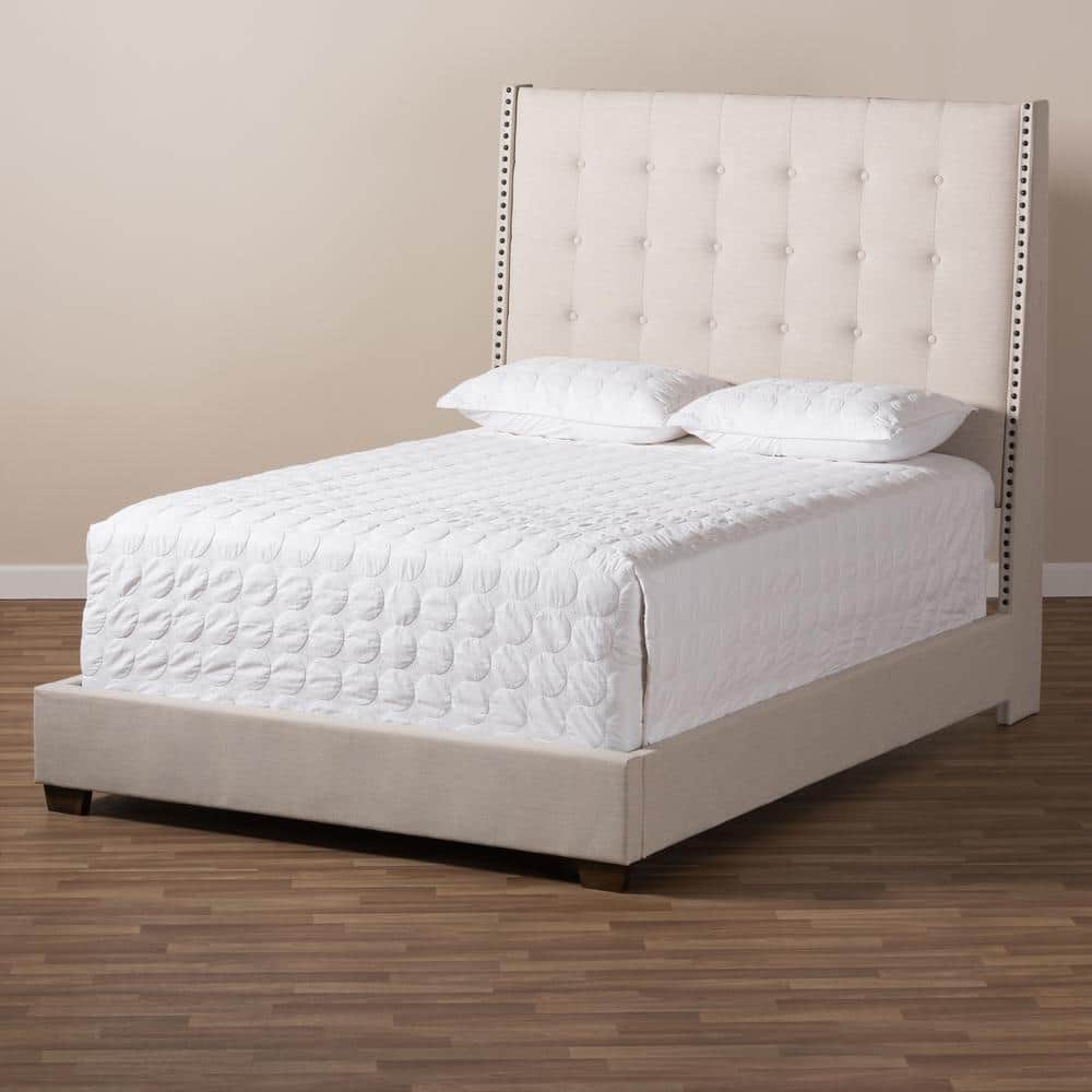 King Light Beige Upholstered Wood Frame Bed with Tufted Headboard