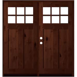 64 in. x 80 in. Knotty Alder Right-Hand/Inswing Double 6-Lite Clear Glass Red Mahogany Stain Wood Prehung Front Door