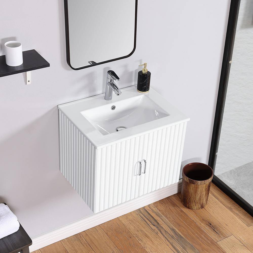 24" White Floating Bathroom Vanity with Ceramic Sink and Soft-Close Doors
