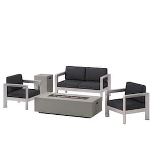 Pismo Silver 5-Piece Aluminum Outdoor Patio Fire Pit Conversation Set with Dark Gray Cushions