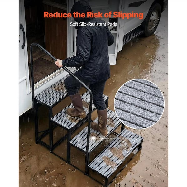 4 Step RV Stairs with Handrail 660 lbs. Capacity Outdoor Steps with Non Slip Surface for Camper Home Porch Pool and SPA