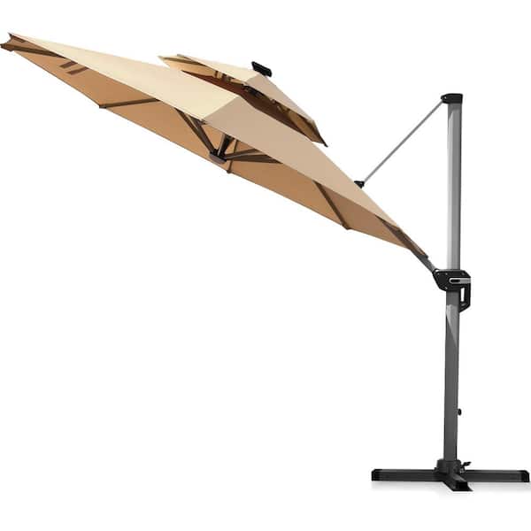 Unbranded 12 ft. Double-top 360° Rotation Aluminum Cantilever Solar LED Patio Umbrella in Beige